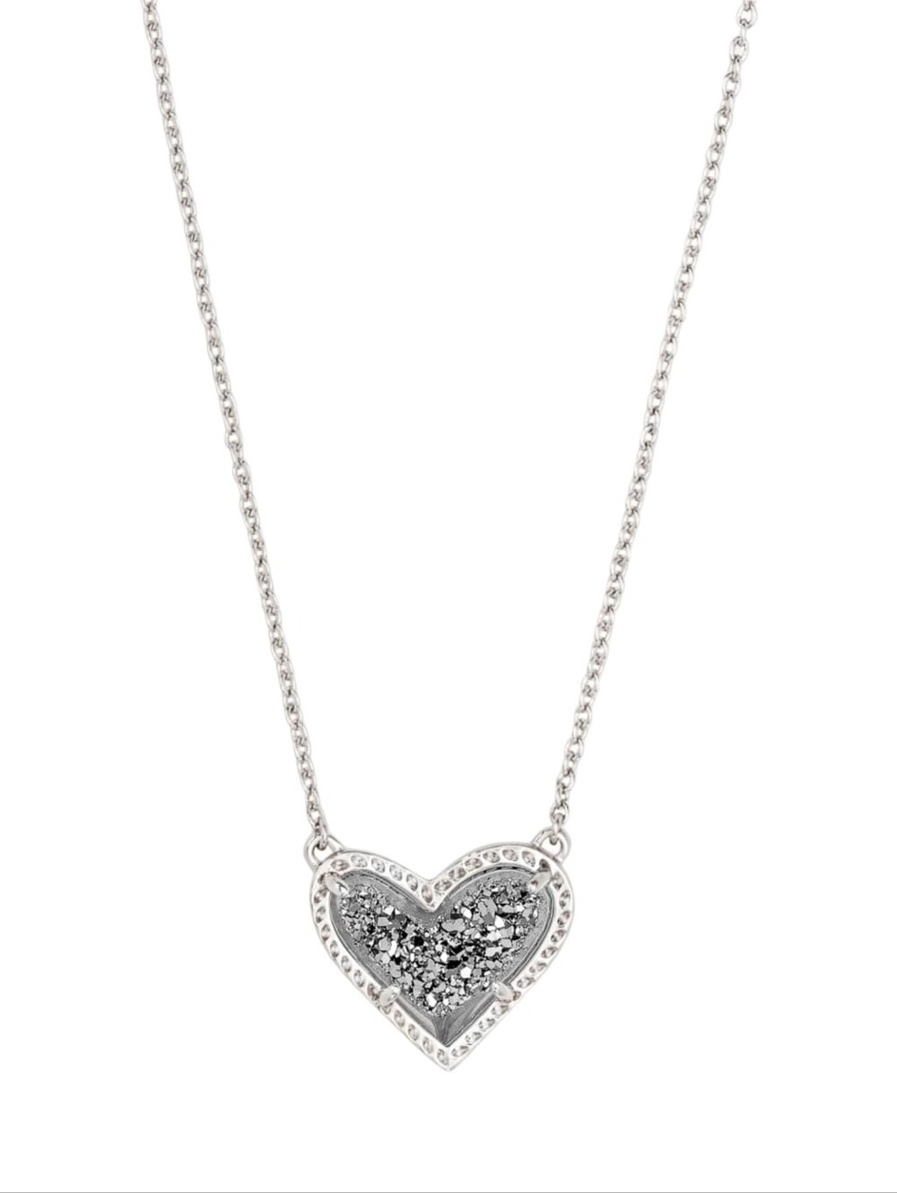 Kendra Scott Ari Heart Pendant Necklace Rhodium Platinum Drusy Silver Tone